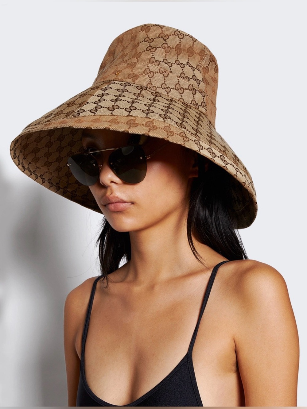 Large Beige Wide Brim Monogram Jacquard Bucket Hat Canvas Tan Golden Summer New - Picture 5 of 16